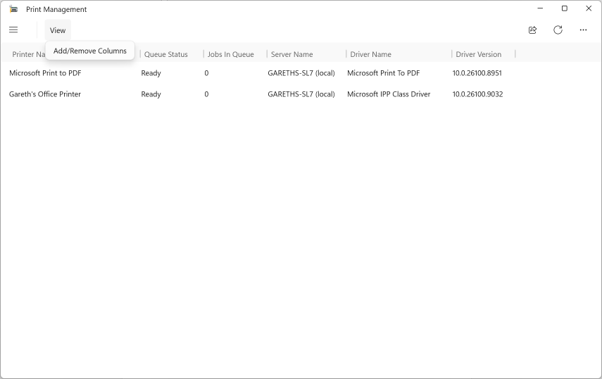 Application de gestion des impressions avec menu réduit et ouverture du menu vue