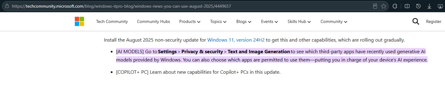 MS's official documentation mentioning Text and Image Generation in Windows 11 Privacy settings