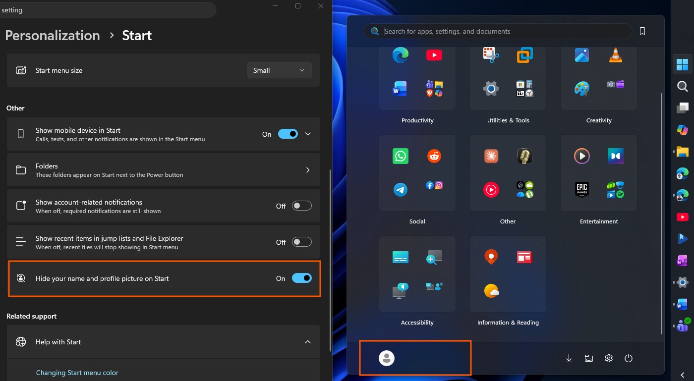 How to hide your name and profile picture on the Start menu