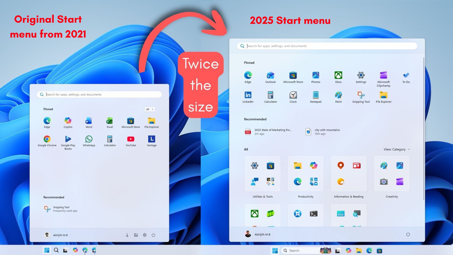 Windows 11 Start menu increased significantly in size in 2025