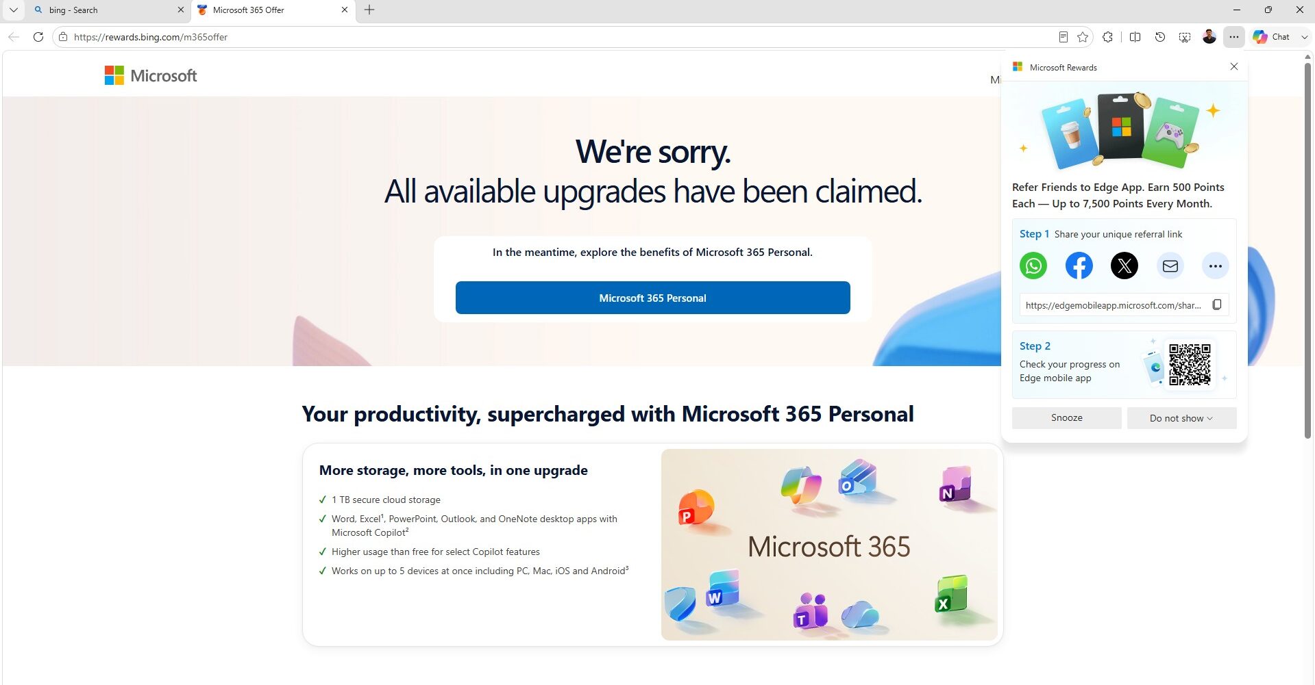 Cliquer sur terminer ouvre une page MS Rewards