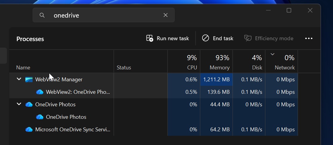 OneDrive Photos 앱 RAM 사용량