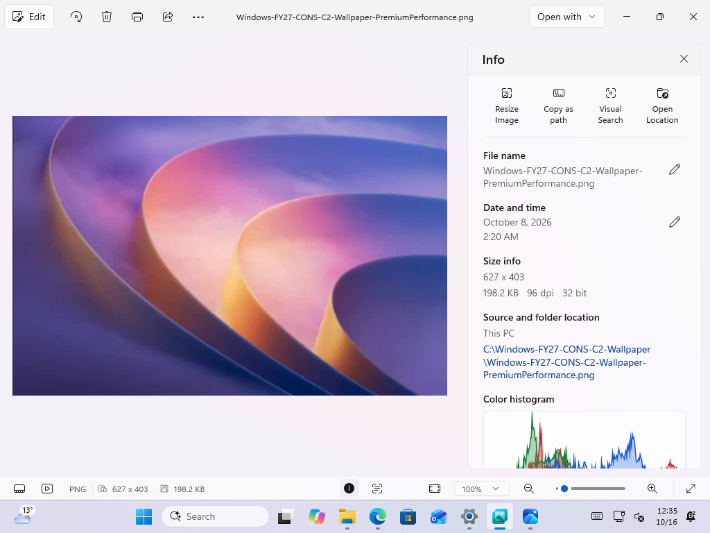 The Info panel in Photo Viewer with file details and a color histogram