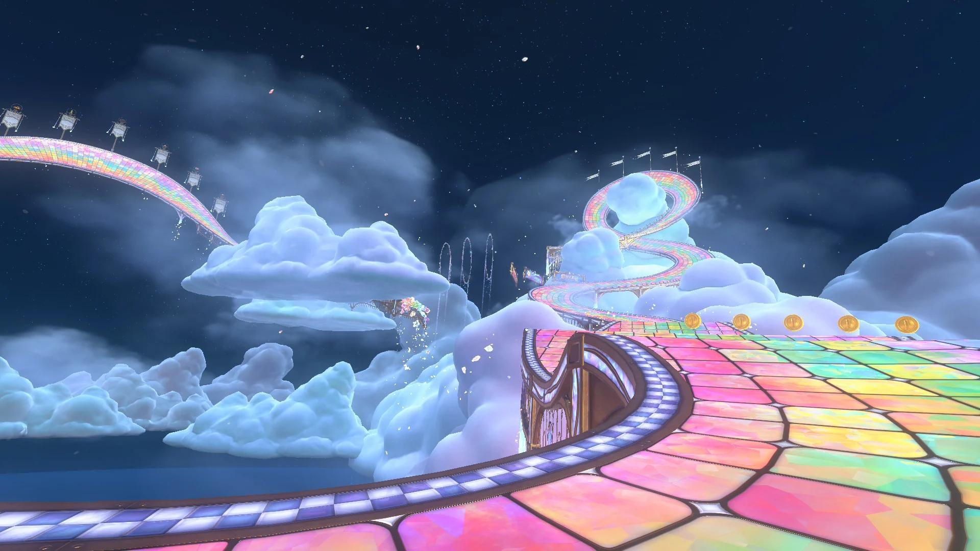 Fireworks over a racetrack in Mario Kart World