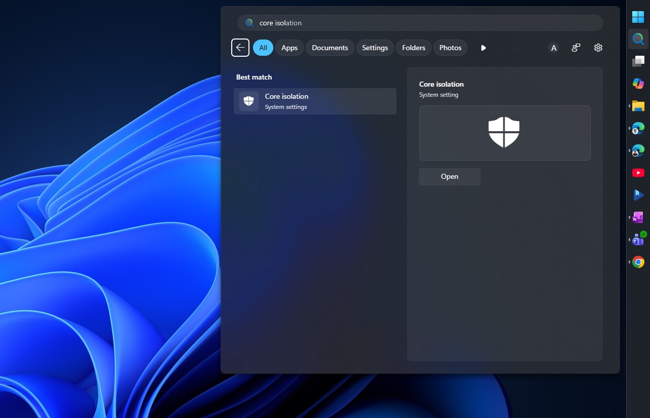 Core isolation settings in Windows Security