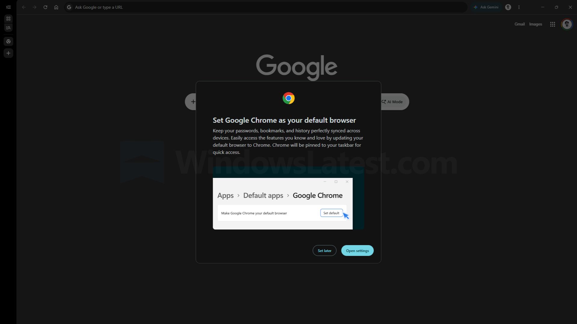 Google Chrome demandant à être défini comme navigateur par défaut avec un grand pop-up centré