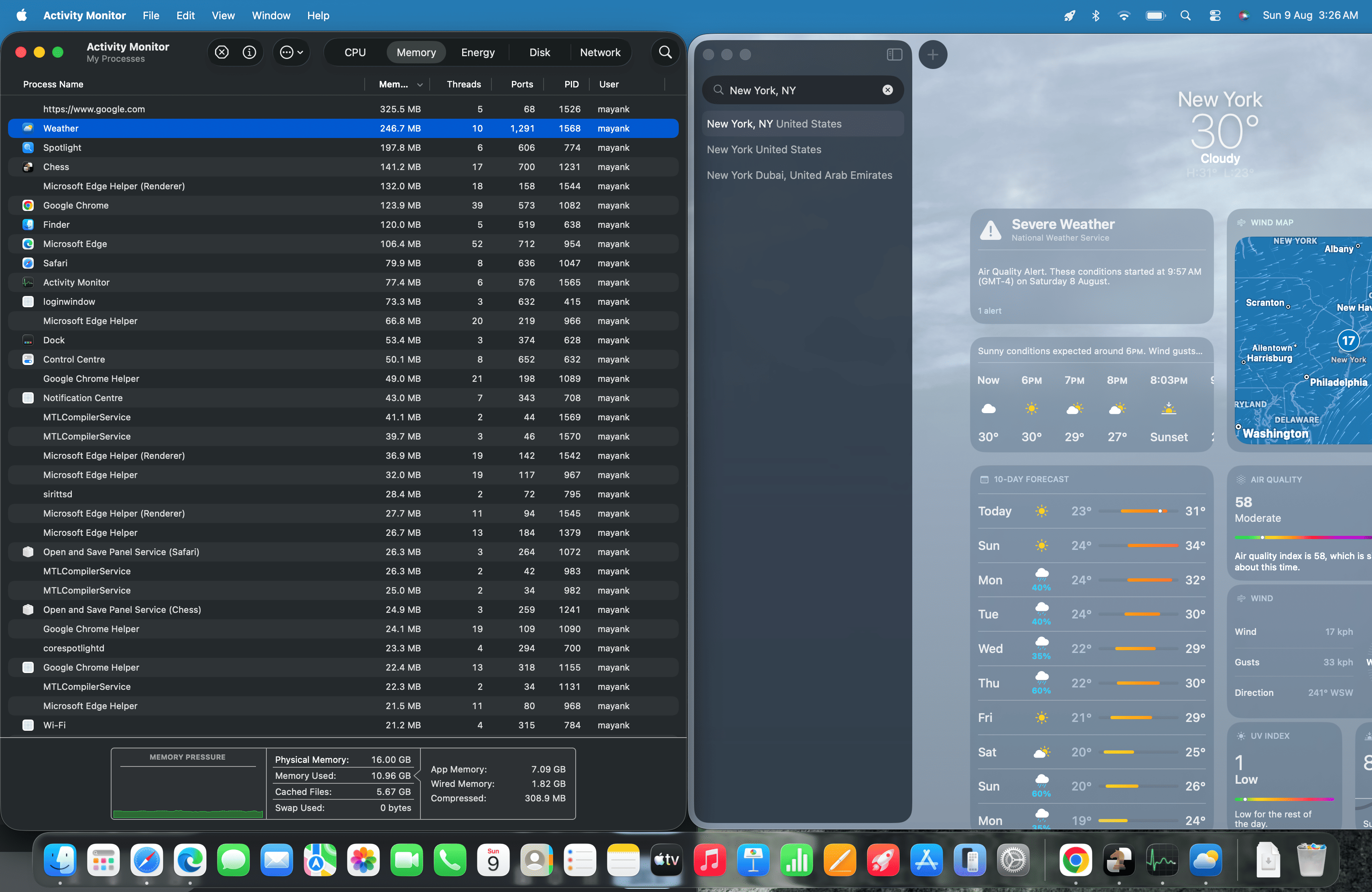 macOS 날씨 앱의 RAM 사용량은 200MB를 약간 초과