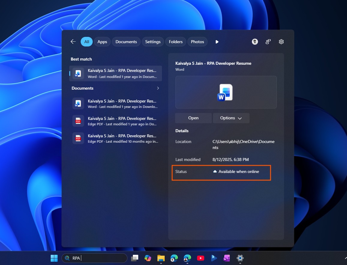 New Available when online status for OneDrive files in Windows Search