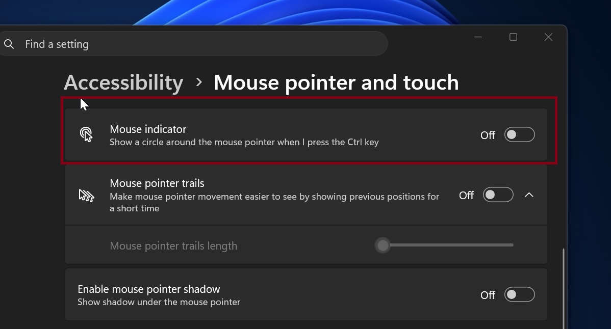 Paramètre de l'indicateur de souris dans Windows 11