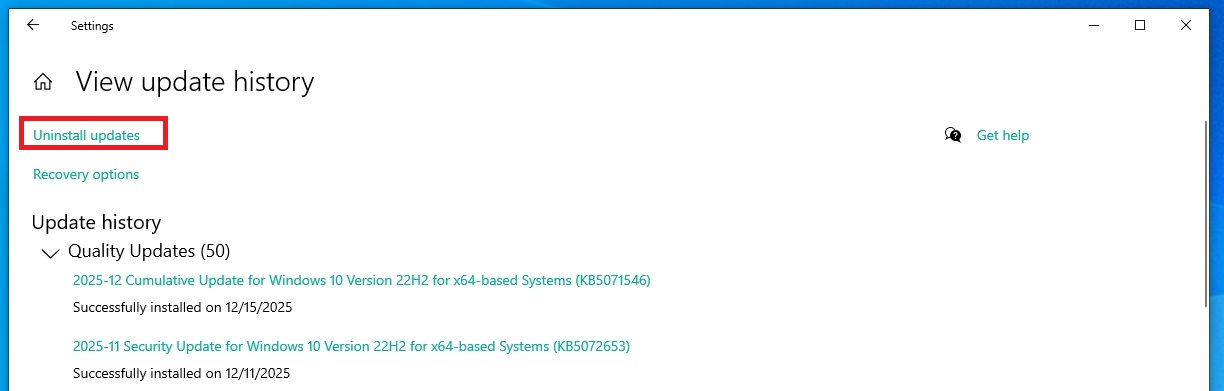 Remove Windows 10 KB5071546 update