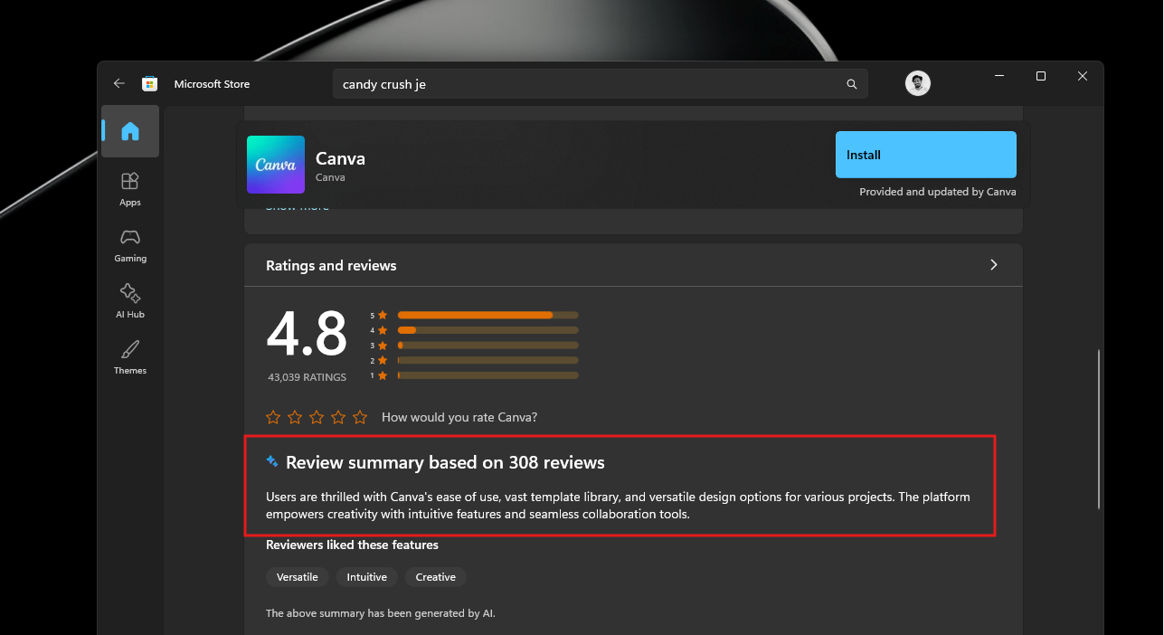 Review Summary in Microsoft Store