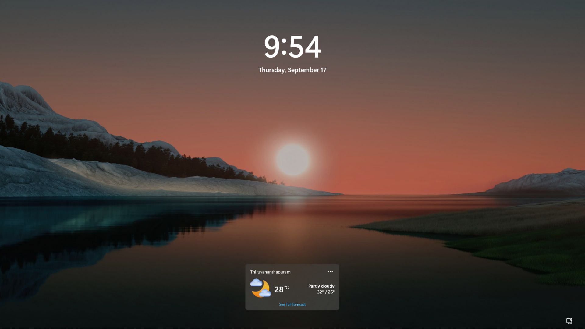 Windows 11 lock screen with only the Weather widget enabled by default
