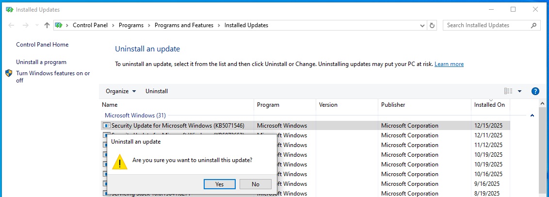 Uninstall update in Windows 10 from Control Panel