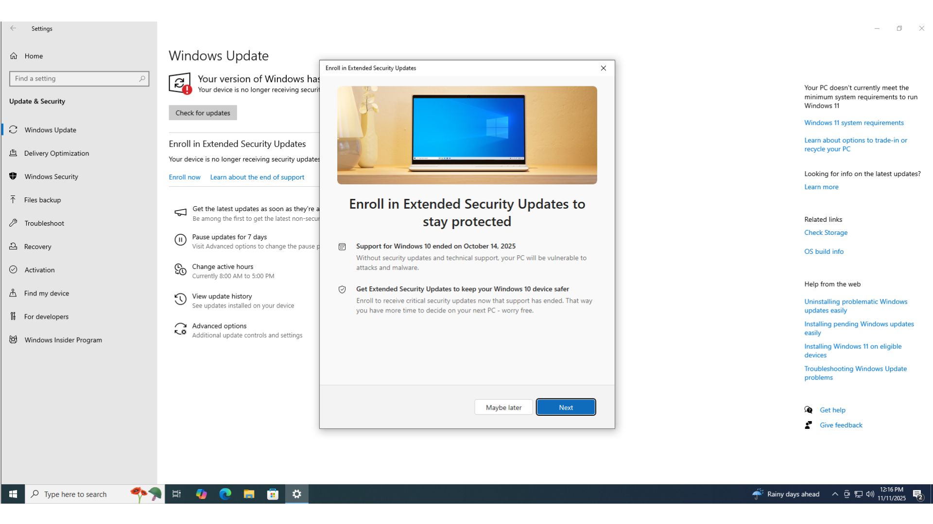 Pop-up window showing why users should Enroll in Windows 10 ESU