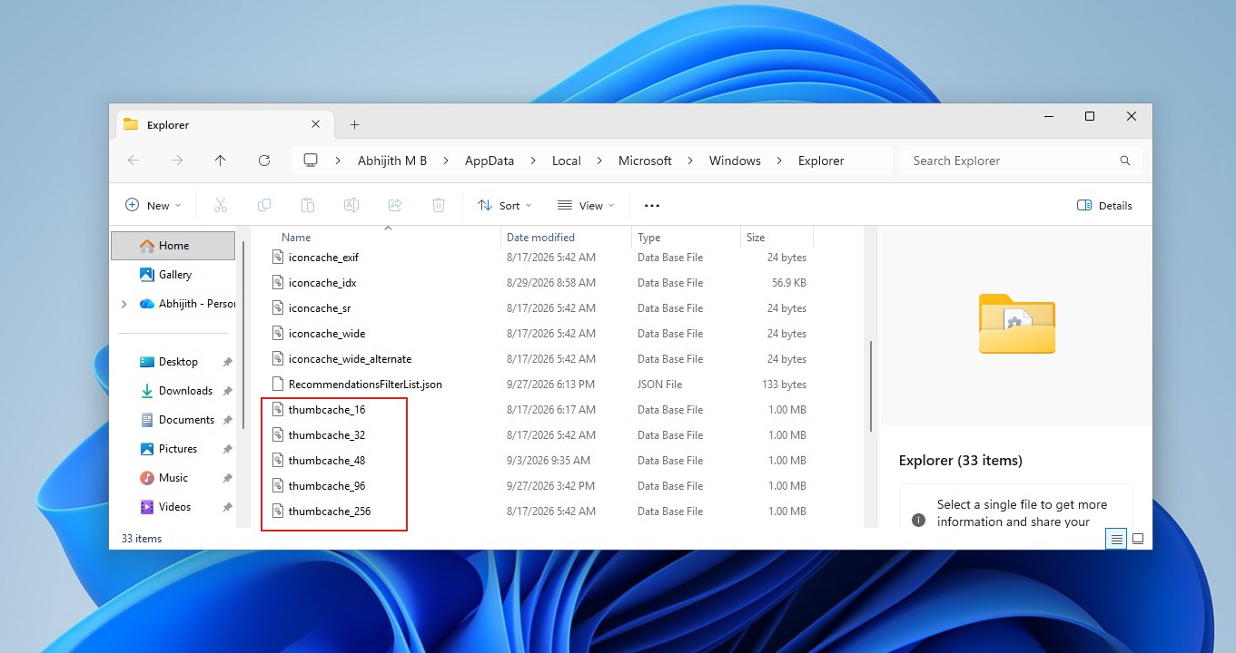 Thumbnail cache database files in Windows 11