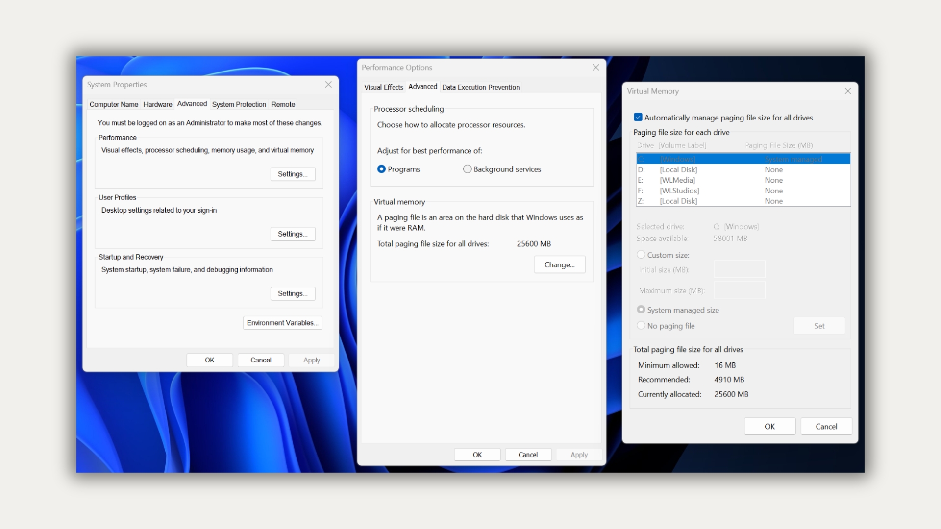 The default Virtual Memory setting allows Windows to manage the page file size