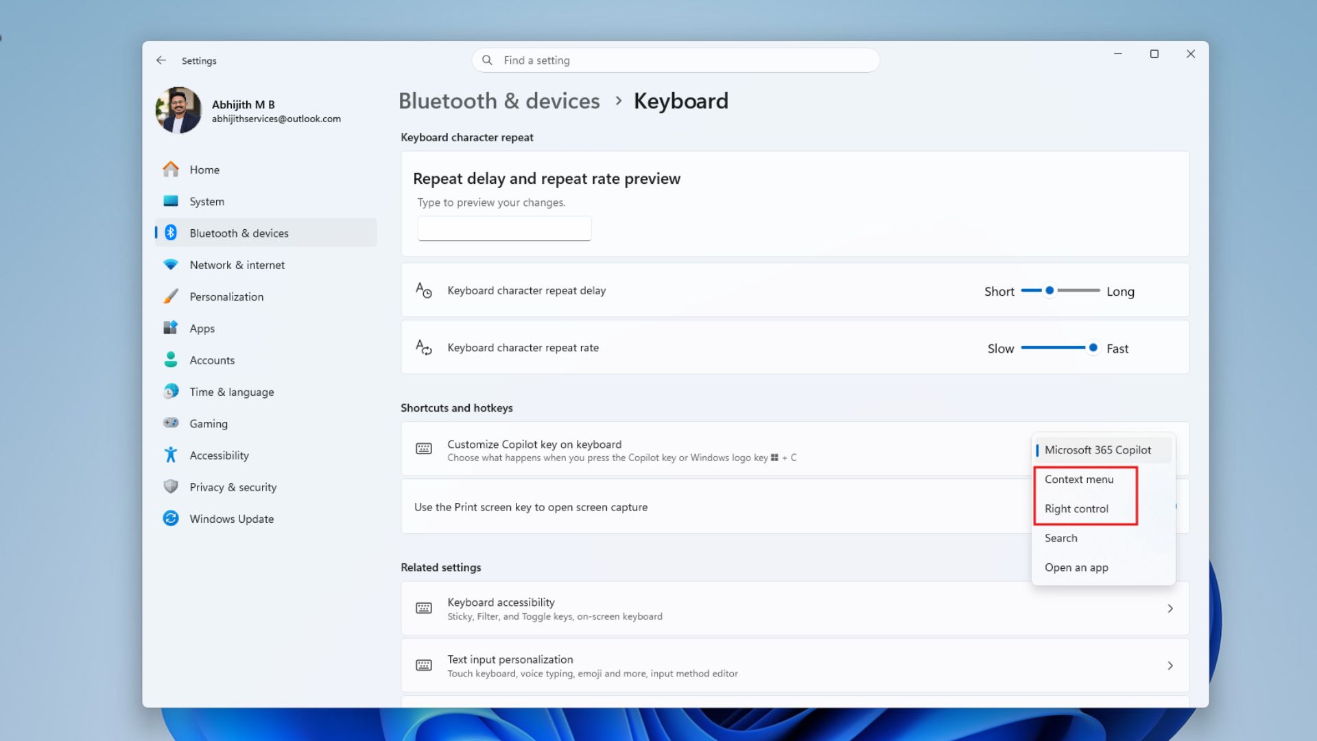 Settings option for remapping the Copilot key to the context menu or Right Ctrl