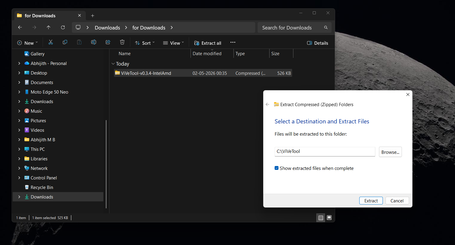 Extract ViVeTool ZIP to C drive