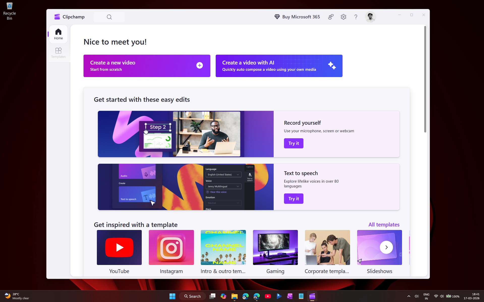 Windows 데스크톱에서 열려 있는 Microsoft Clipchamp