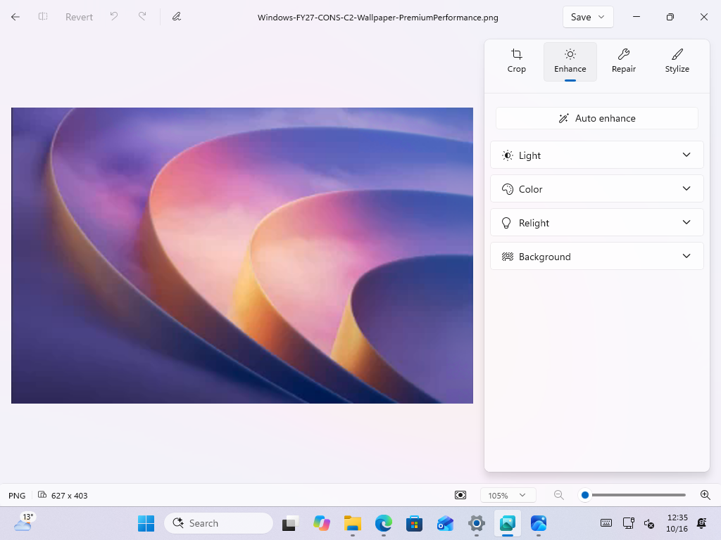 The rebuilt editor in Photo Viewer with Crop, Enhance, Repair, and Stylize tools