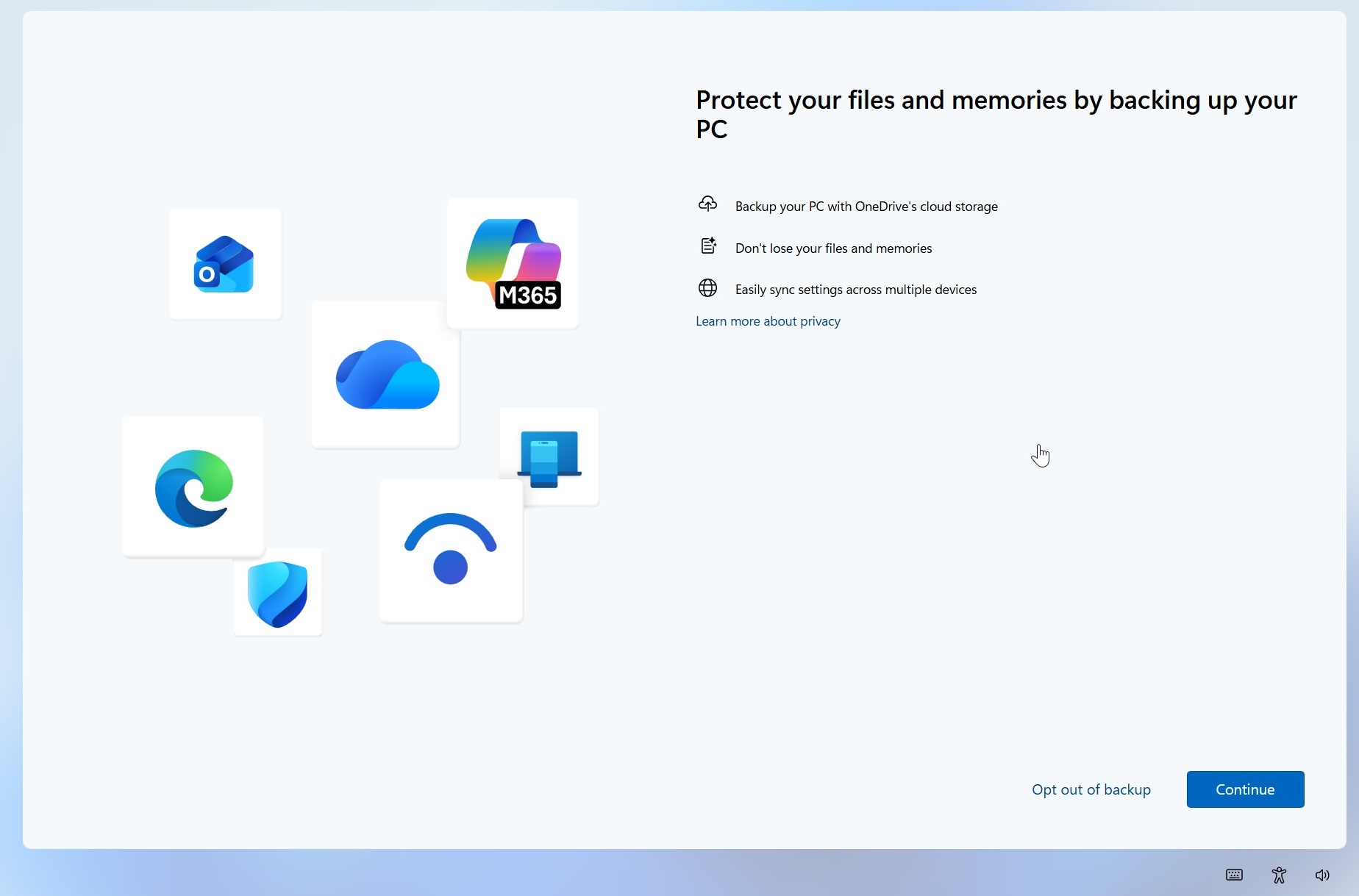 OneDrive opt-out of backup screen