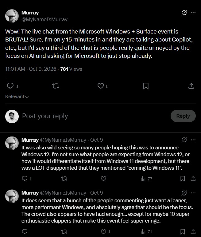 Windows event YouTube Live comments were filled with people complaining about AI being the main focus of the event
