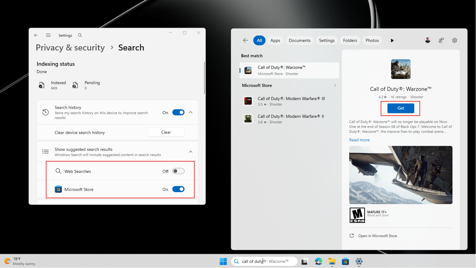 Vyhledávání Call of Duty s vypnutým Web Searches a zapnutým hledáním Microsoft Store