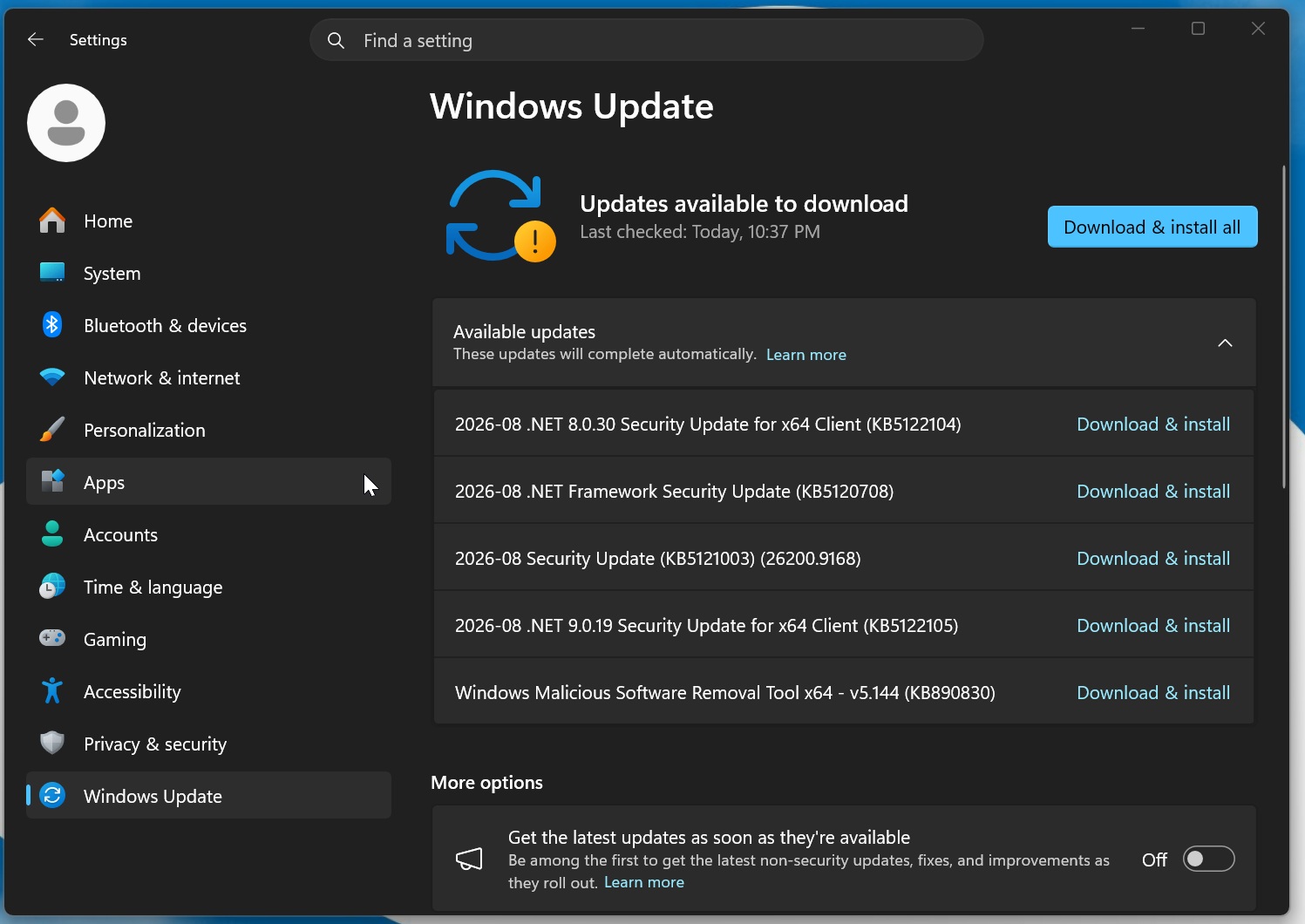 August updates showing all updates under Available updates