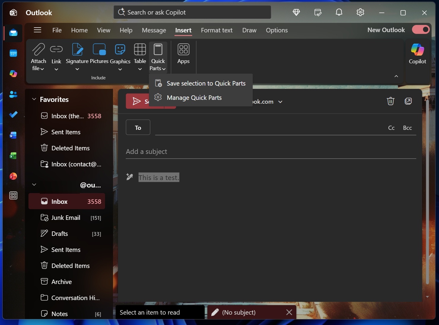 New Outlook Quick Parts in Insert tab