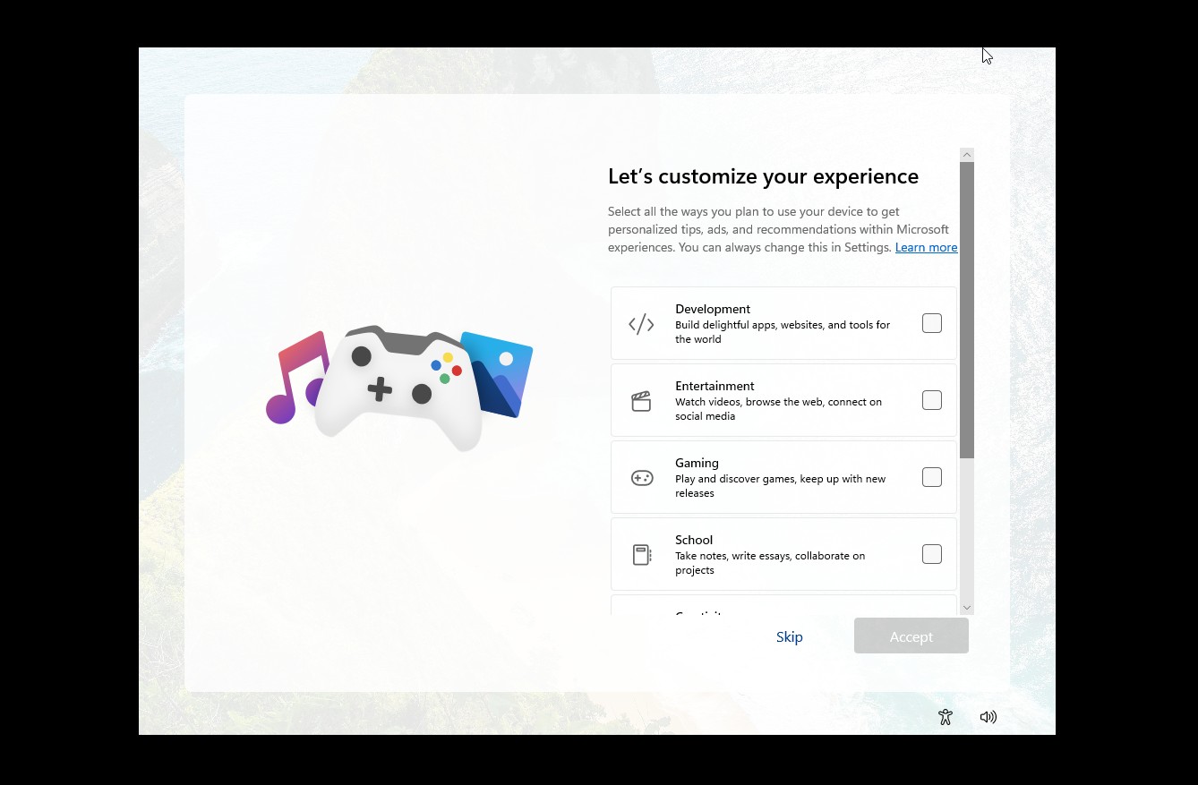 Customization options displayed during Windows setup