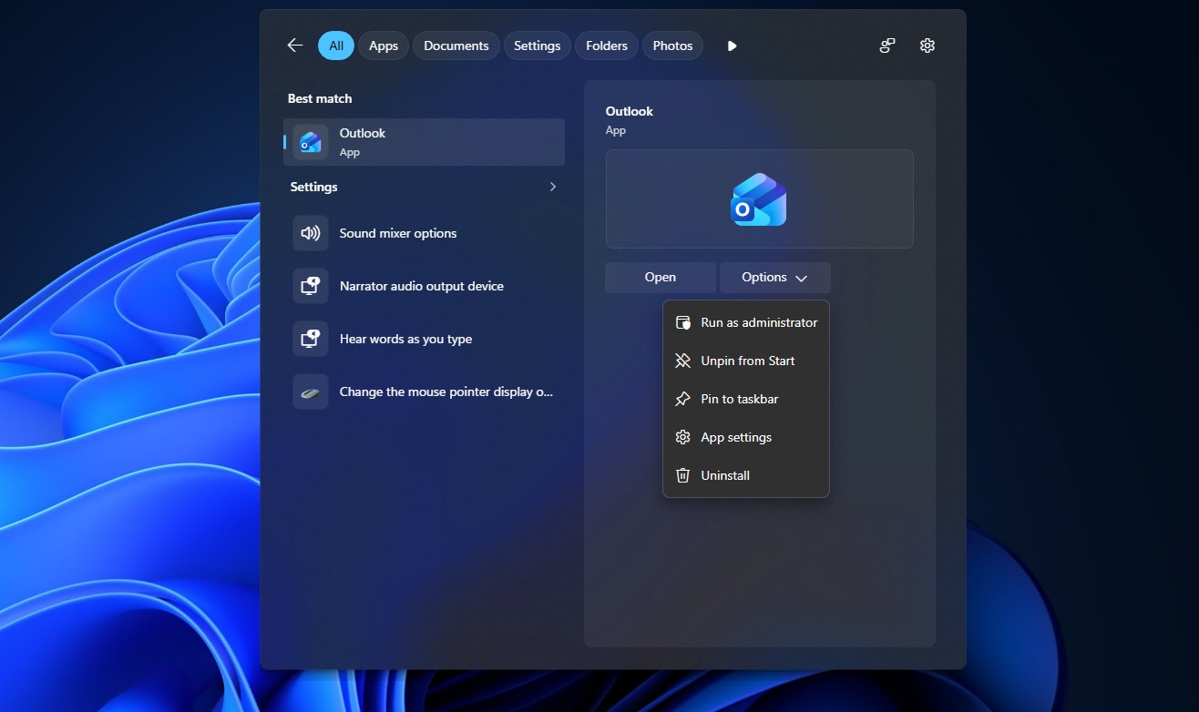 New Search interface in Windows 11
