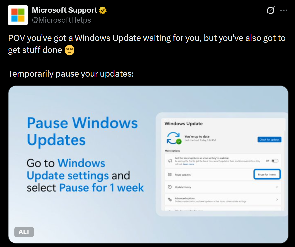 MS reminds users that they can pause updates while working