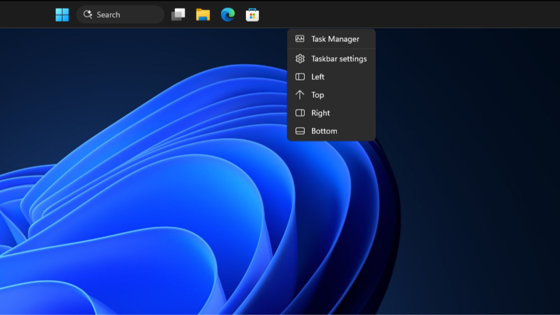 Right-click menu buttons for moving the taskbar in a Windows 11 Insider build