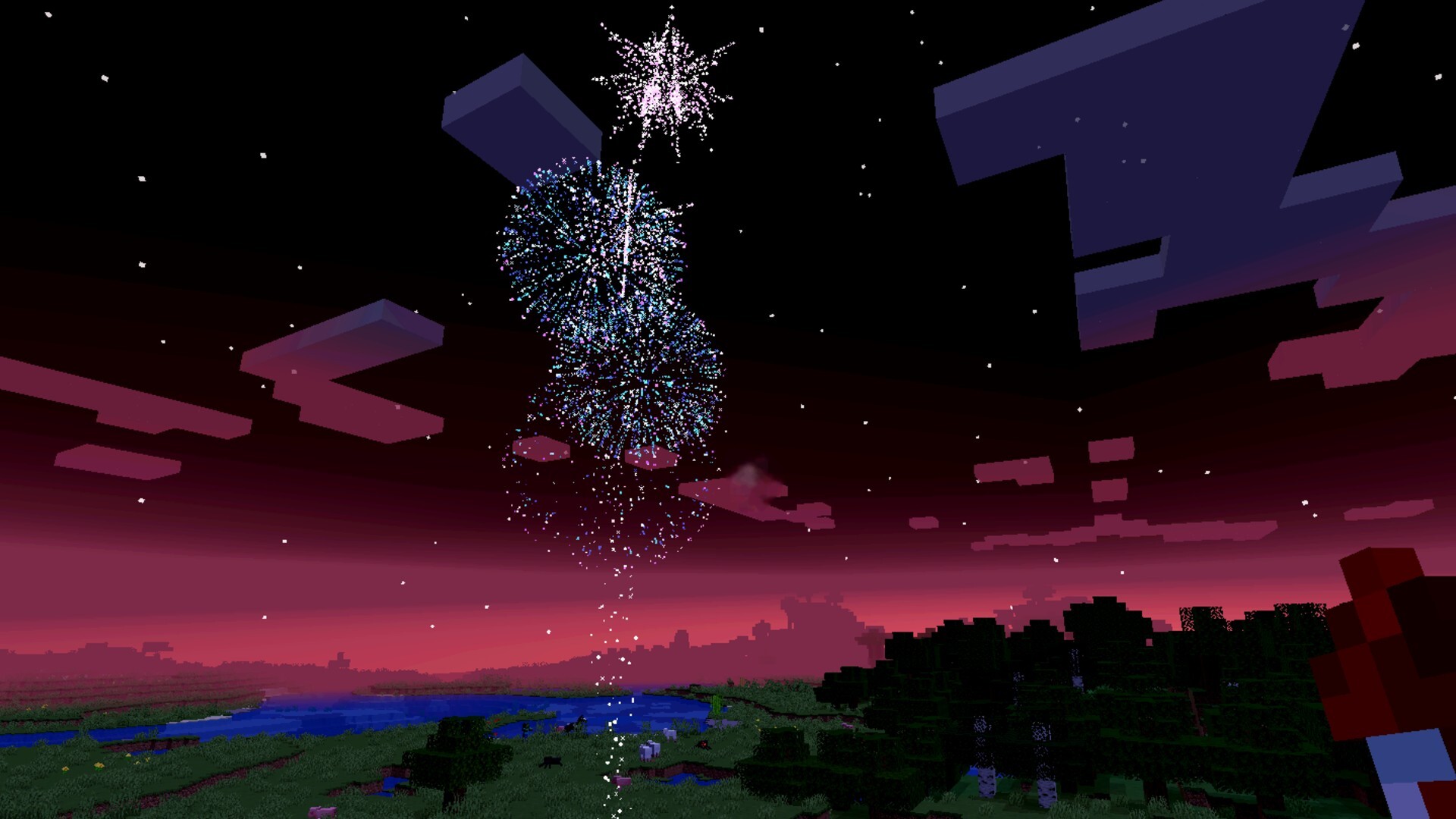 A fireworks display in Minecraft