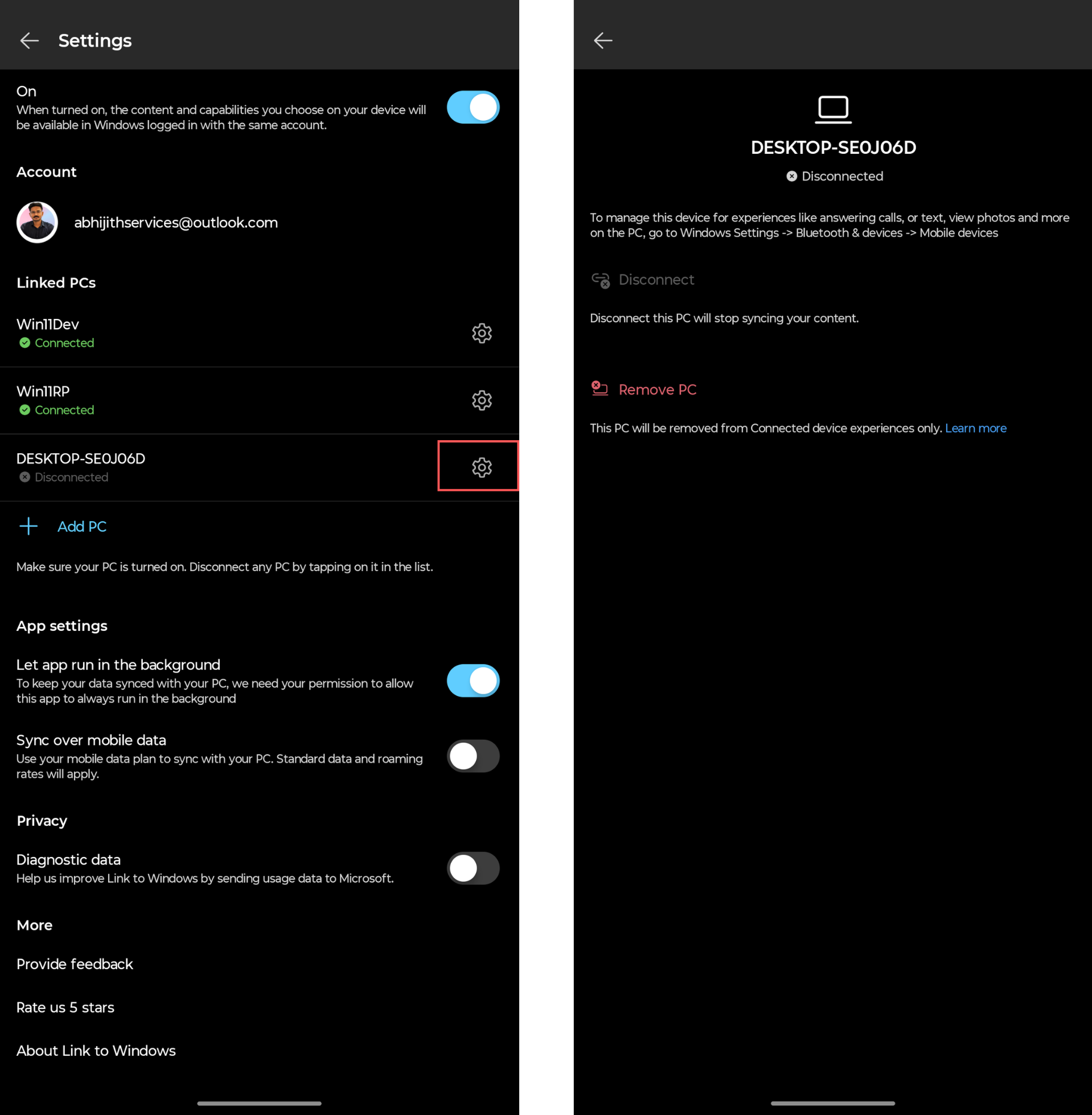 Nouvelle option de paramètres individuels pour les PC liés dans l'application Link to Windows