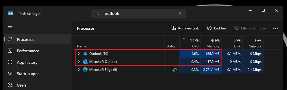 RAM and CPU usage difference between Outlook and Outlook Classic