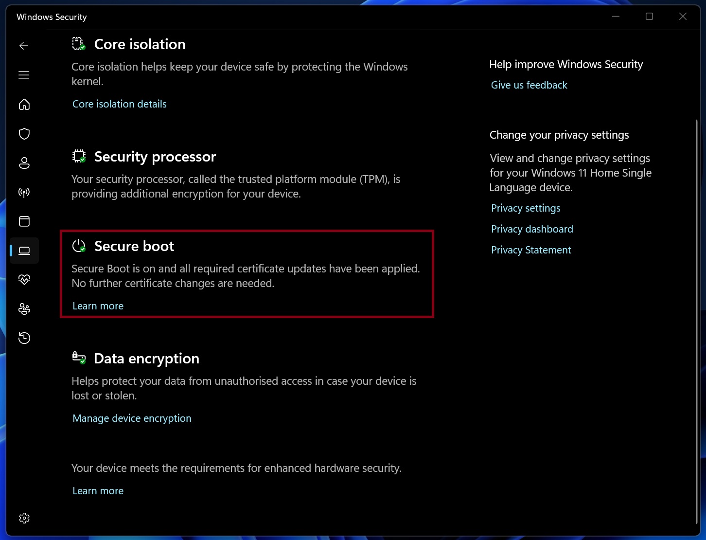 Stav certifikátu Secure Boot v aplikaci Windows Security pro Windows 11