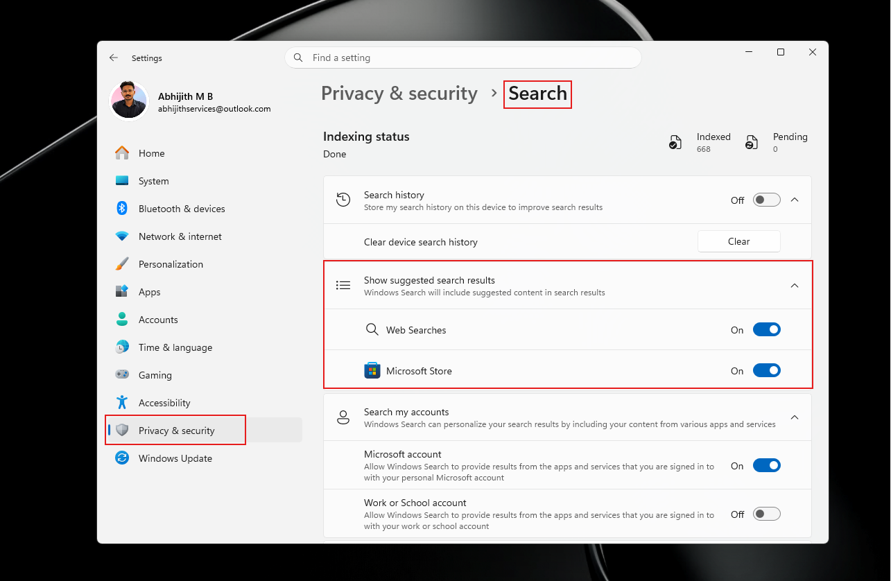 Přepínač pro vypnutí vyhledávání na webu a vyhledávání v Microsoft Store ve Vyhledávání Windows