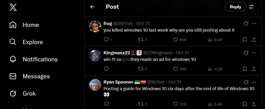 Users mocking Microsoft for posting about Windows 10 even after its end of support