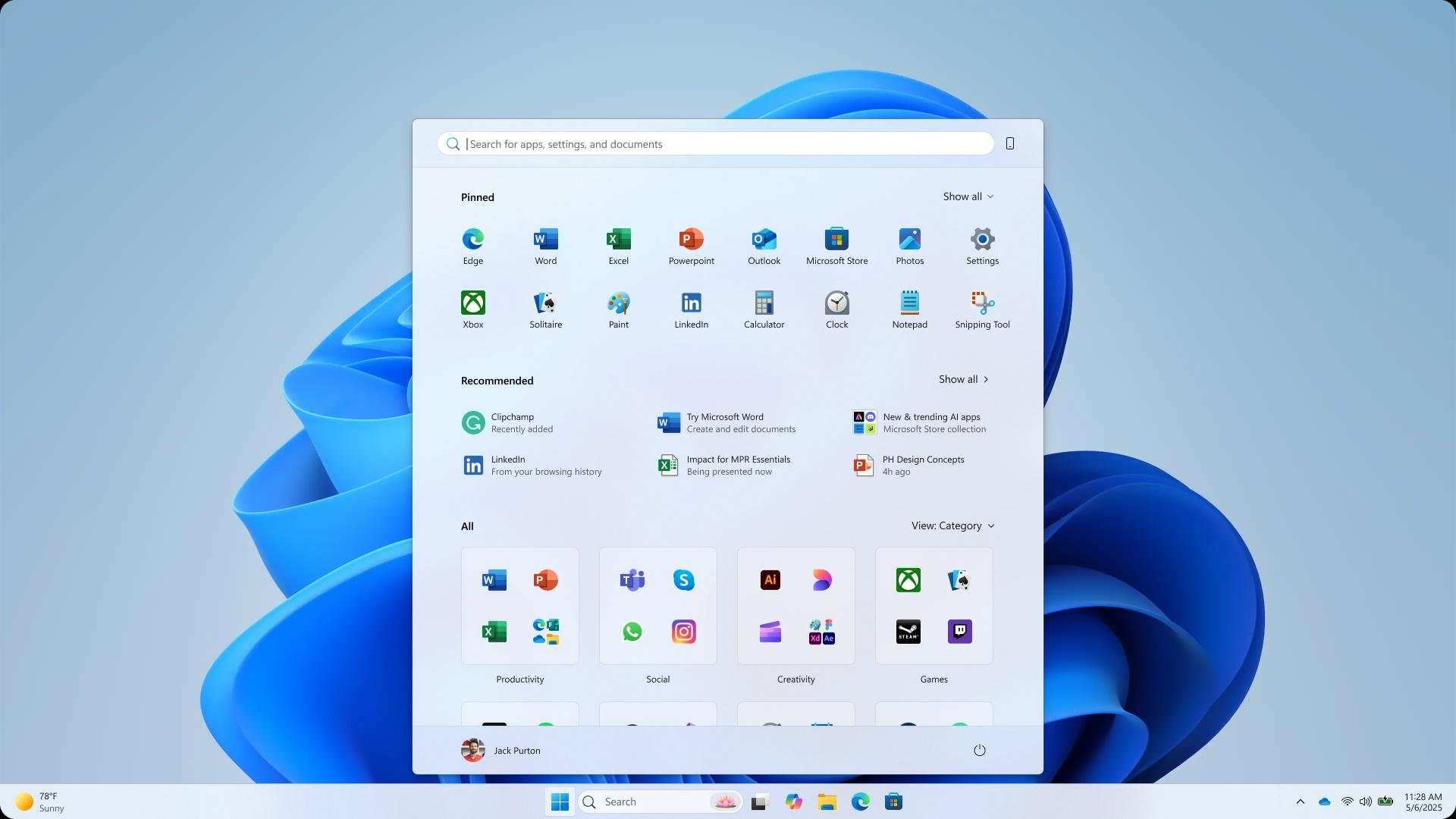 Nová nabídka Start ve Windows 11 s připnutými aplikacemi, doporučeními a zobrazením kategorií pro všechny aplikace