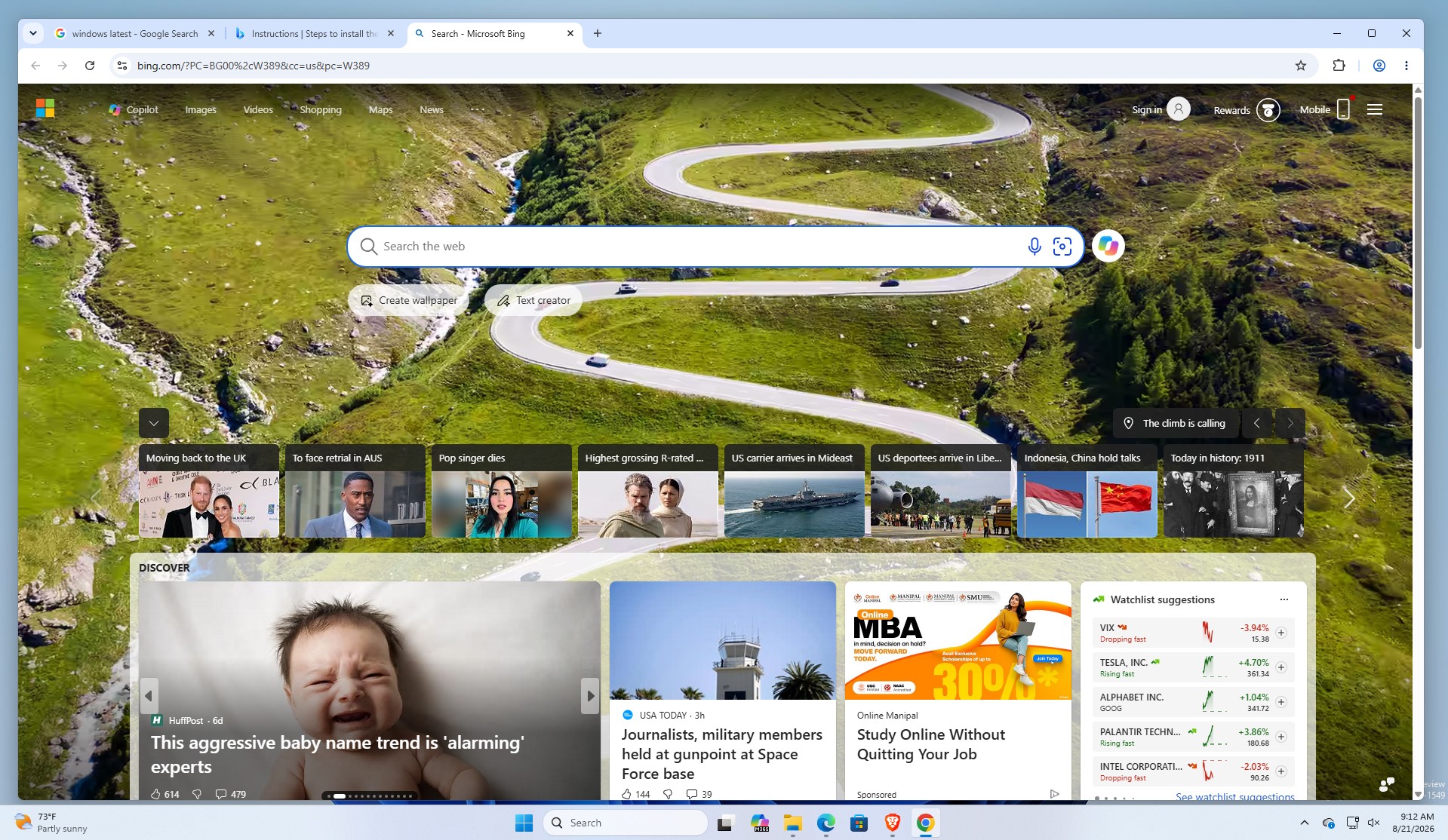 Bing est maintenant le moteur de recherche par défaut dans Chrome avec tout le flux MSN activé