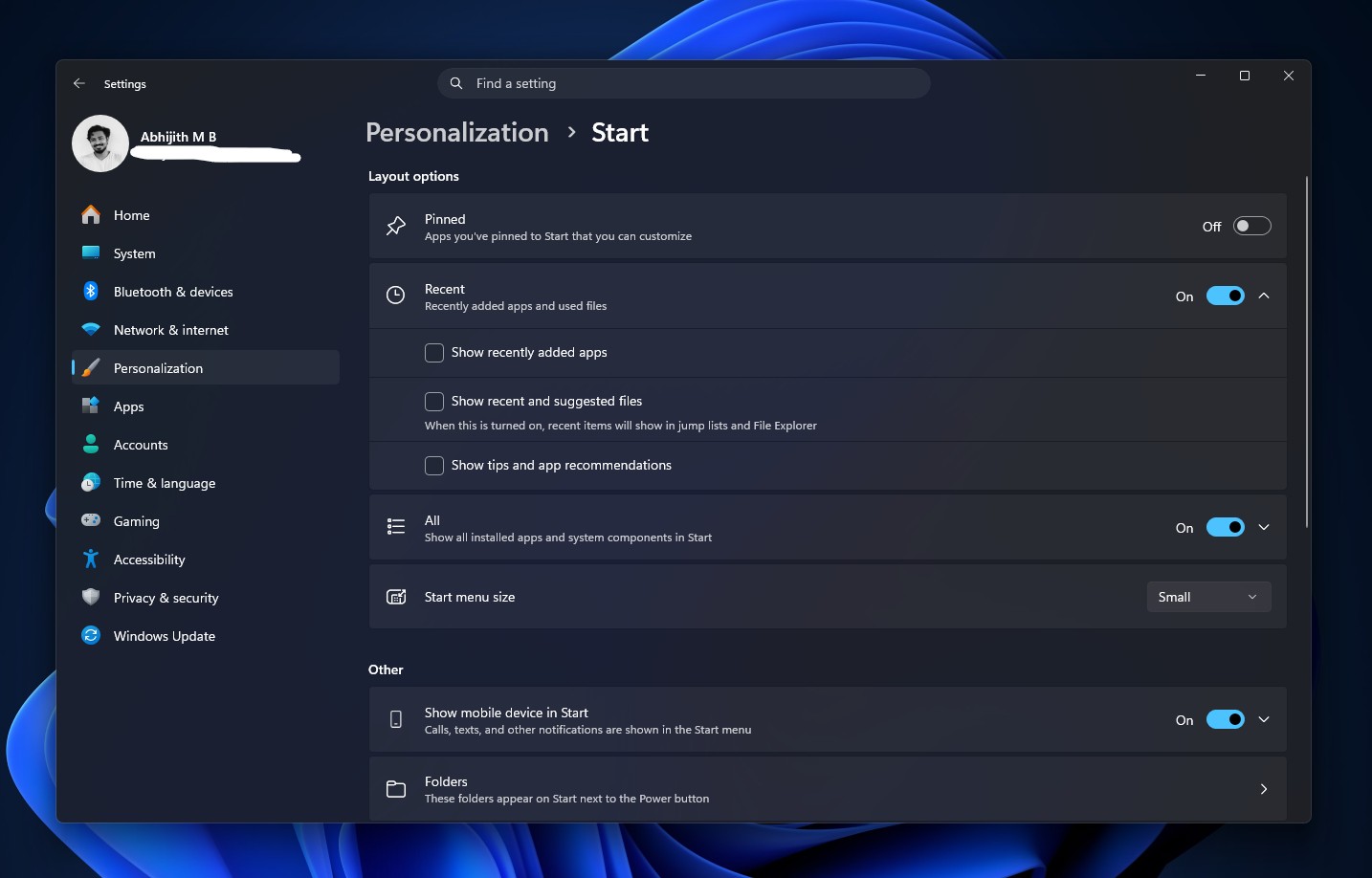 Start menu personalization settings after the update