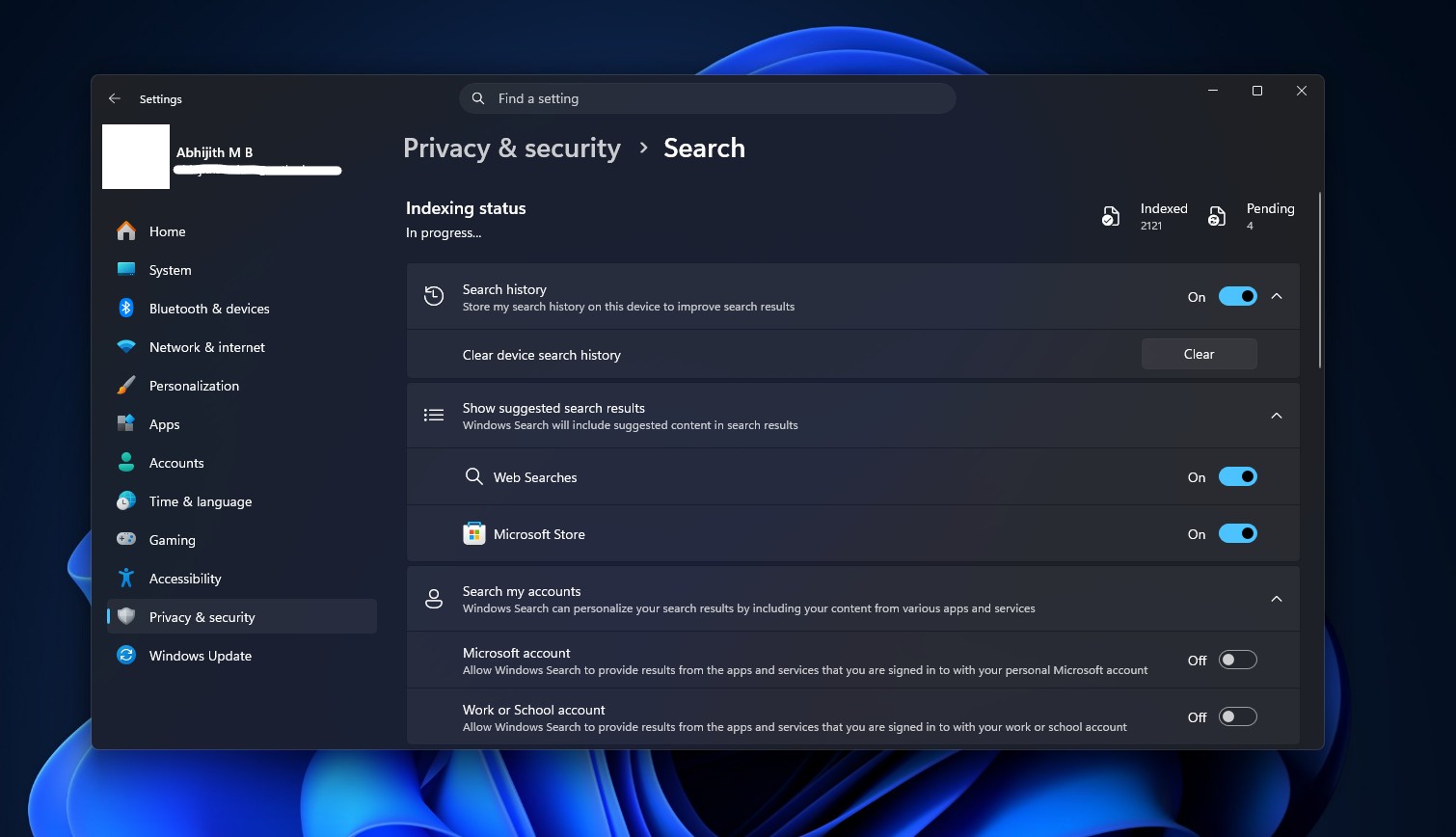 Windows Search Privacy and security page after the update