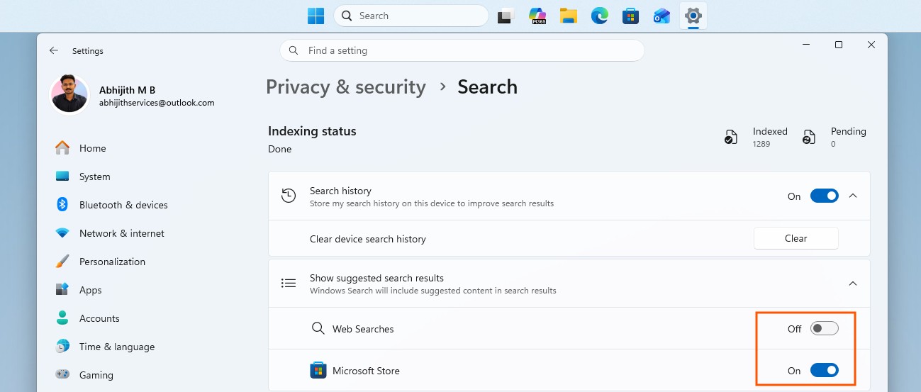 Option to disable web searches in Windows 11