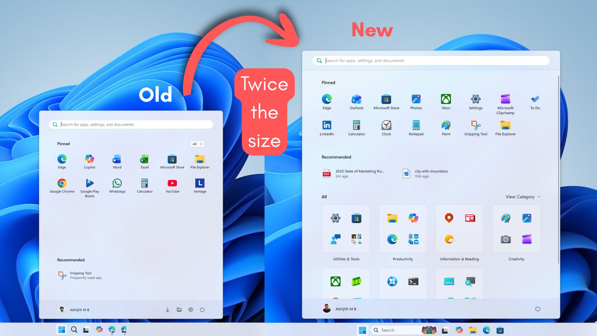 New Windows 11 Start menu is almost twice the size of the old Windows 11 Start menu