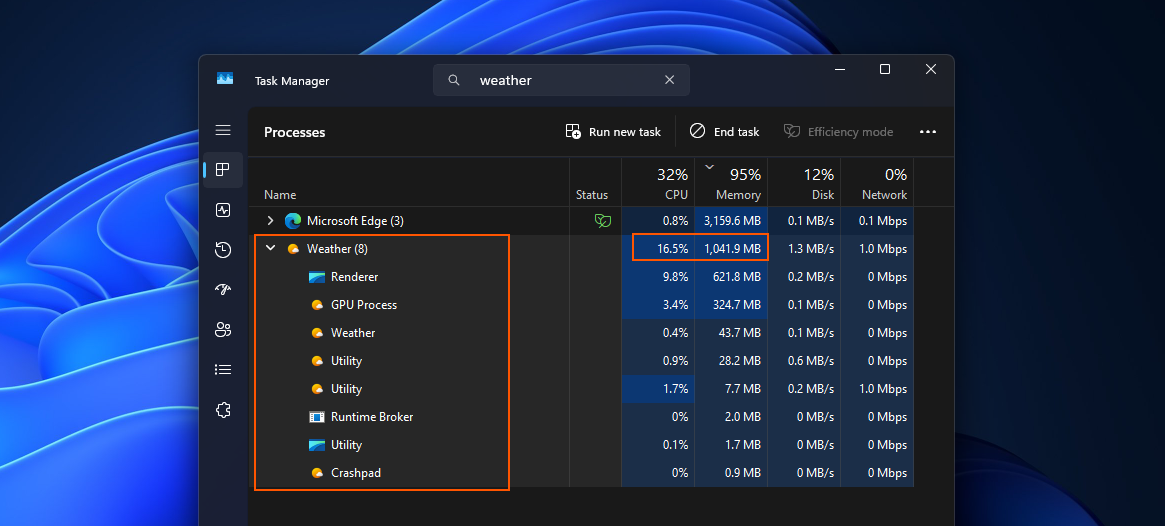 Windows 11 날씨 앱은 웹 래퍼로 1GB 이상의 RAM을 사용