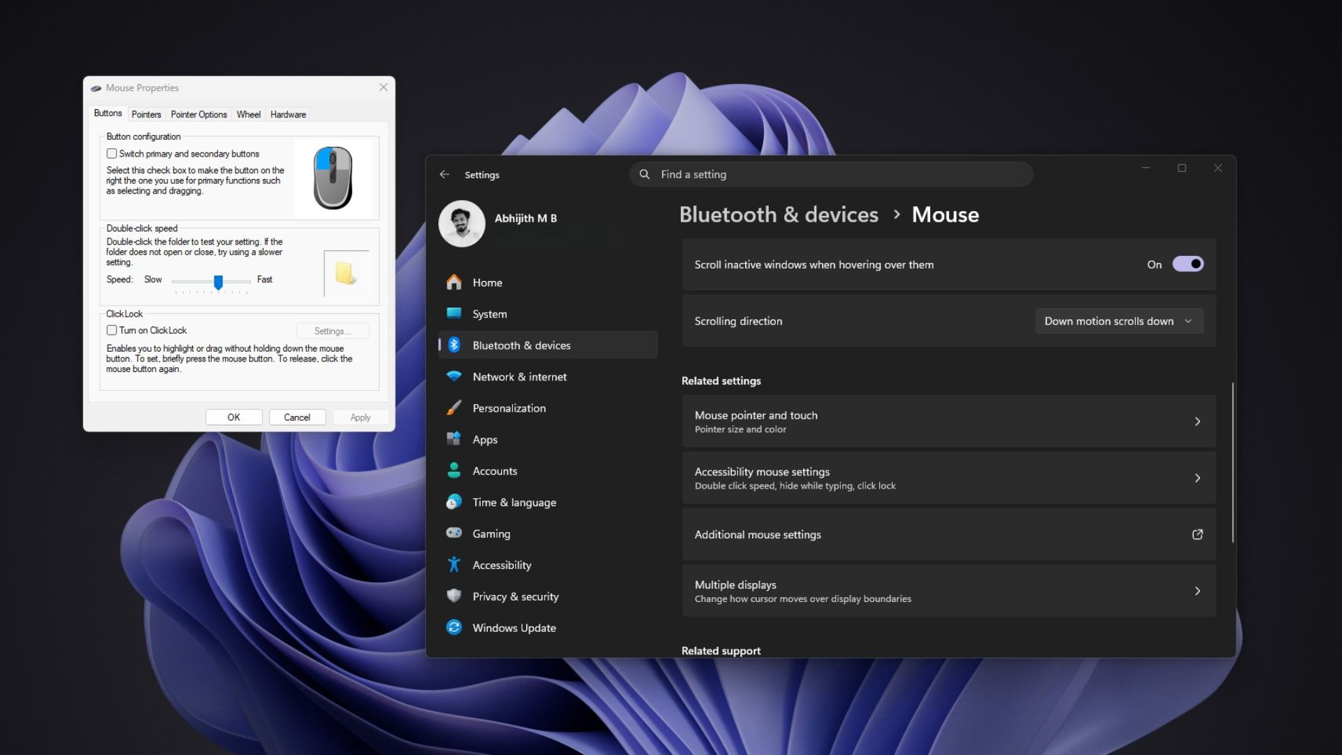 Additional Mouse Settings shows the legacy UI in Windows 11 26H2
