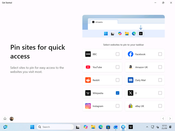 The site-pinning page lists UK websites, with Wikipedia pinned to the taskbar