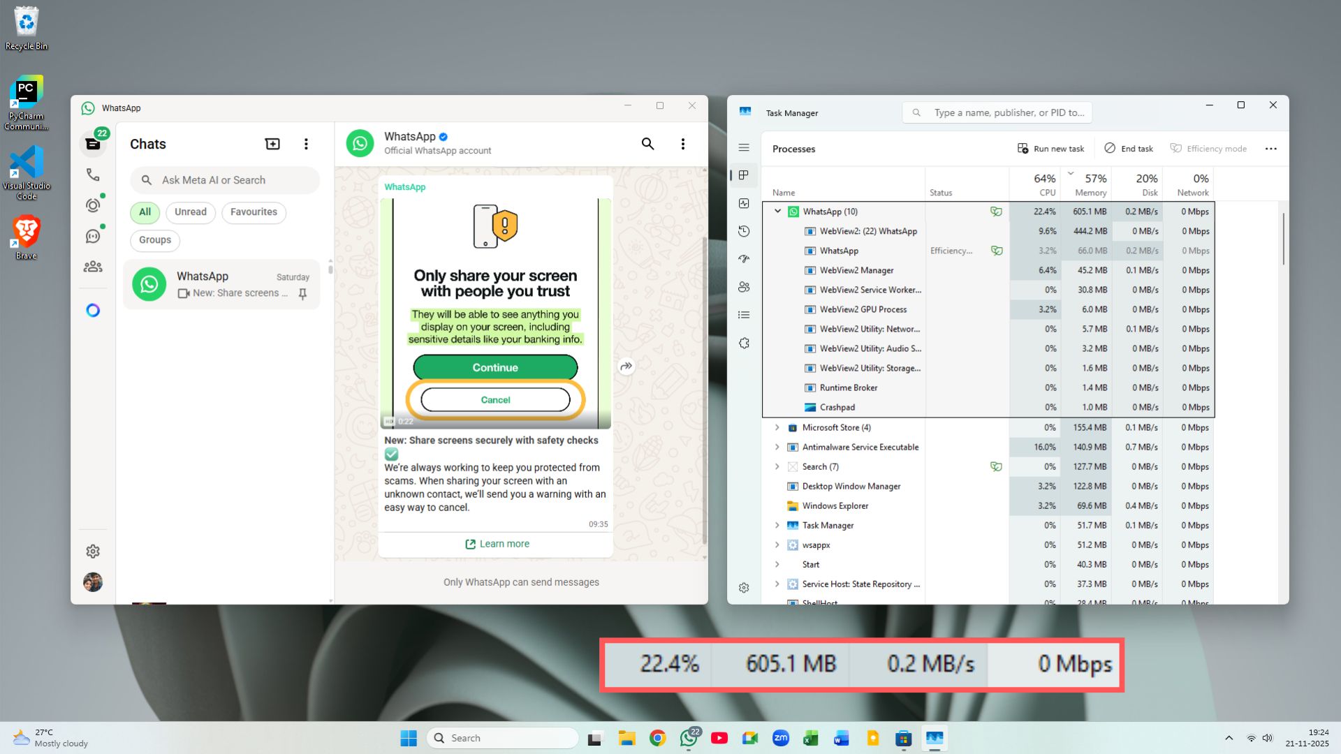 The latest WhatsApp app using 600MB of RAM while idle on a PC with 8GB of RAM