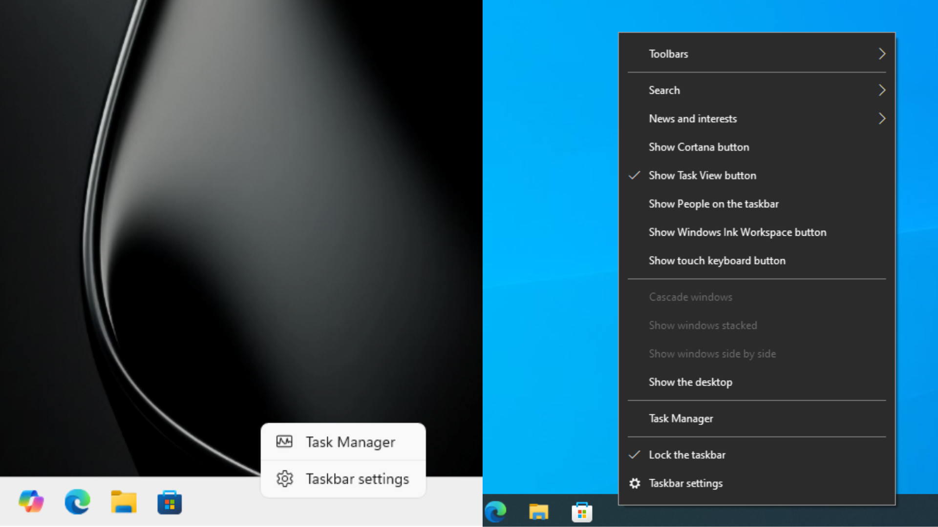 Windows 11 작업 표시줄 오른쪽 클릭 메뉴 vs Windows 10 작업 표시줄 오른쪽 클릭 메뉴